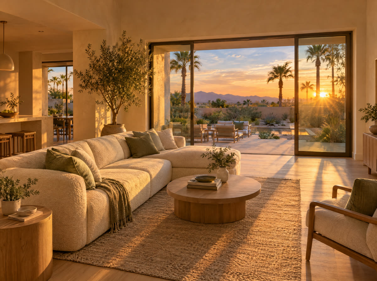 Sunlit living room of a welcoming Arizona home at golden hour