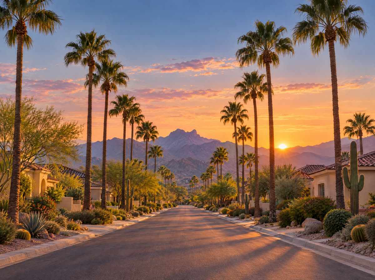 Palm-lined East Valley street at sunset