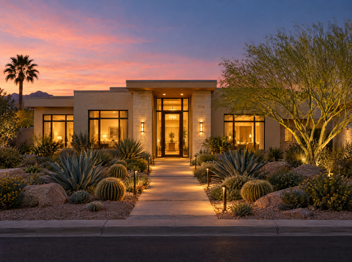 Desert-modern home exterior with glowing windows at dusk